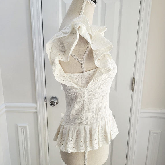 House of Harlow 1960 Smocked Ruffle Peplum Eyelet‎ Lace Puff Sleeve Blouse - Picture 3 of 12